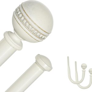 Barra de cortina doble de 1 pulgada con remates y retenes, blanco envejecido, 84-120 pulgadas Barra de cortina doble de 1 pulgada con remates y retenes, blanco envejecido, 84-120 pulgadas