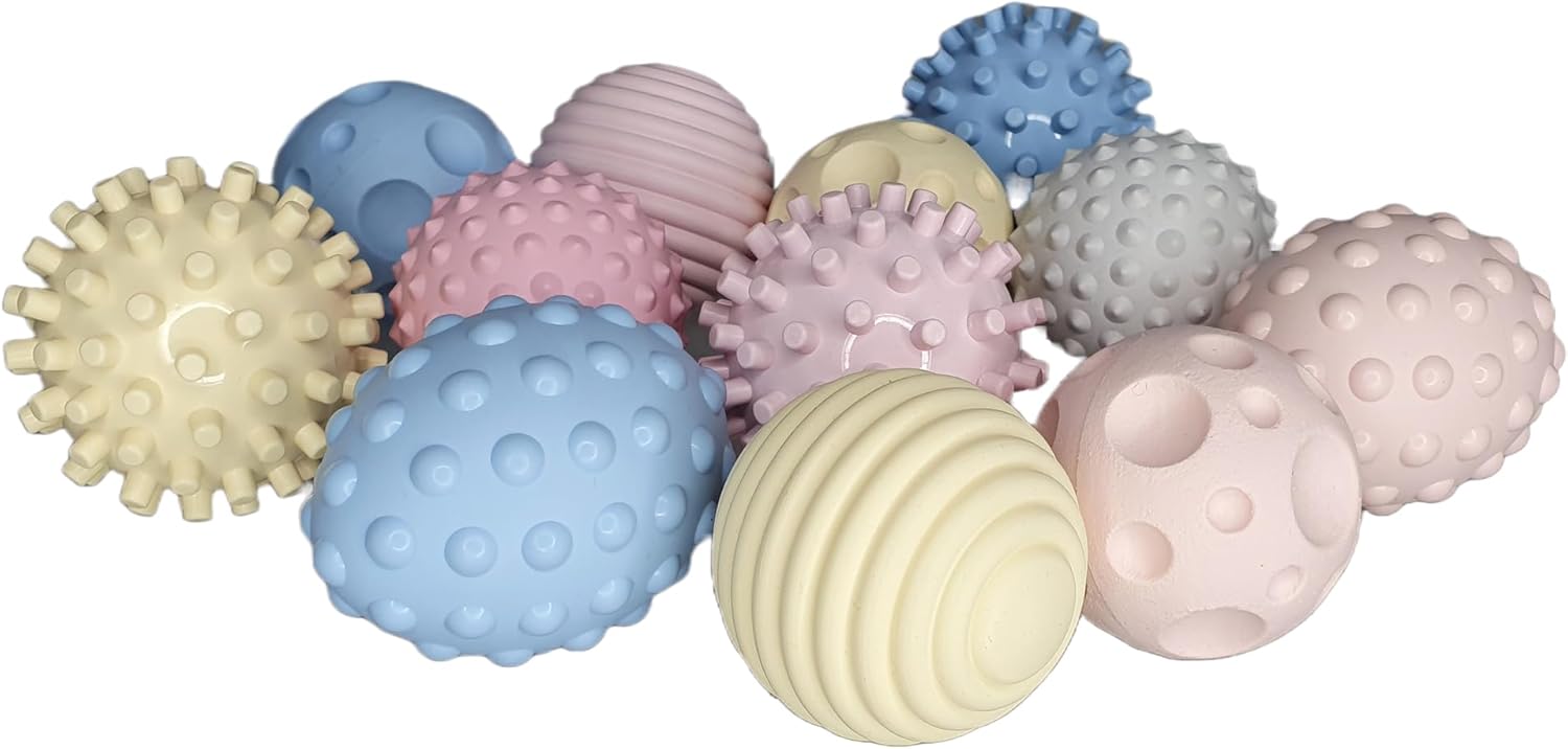 GERARDO’S Toys My First Sensory – Juego de 4 bolas sensoriales con bolsa de lino, formas de superficie suave, texturizada, sensaciones táctiles,