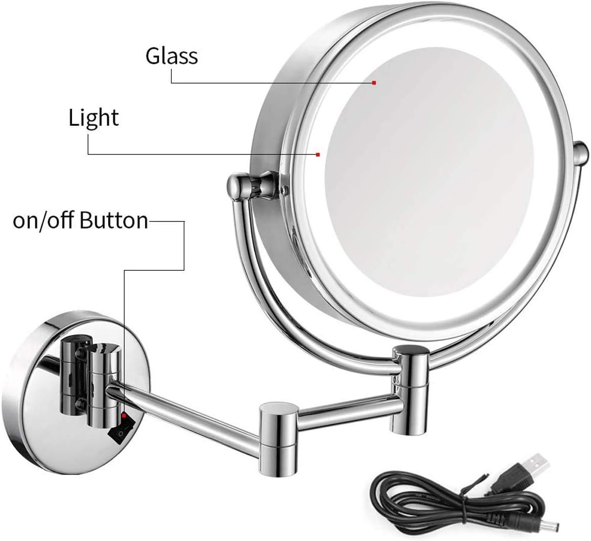 Wall Mounted Lighted Vanity Mirror 8 Inch 1X10X Magnifying Makeup Mirror Bathroom Magnifying Mirror Double Sided Swivel, Shaving Mirror Chrome