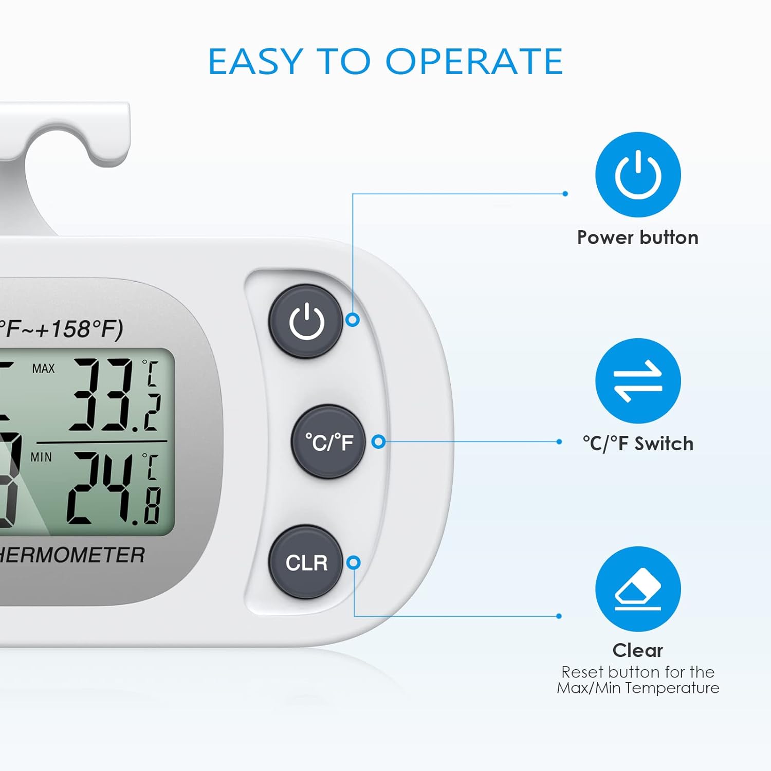 Olipiter Termómetro de refrigerador mejorado, termómetro digital para congelador, termómetro impermeable para refrigerador con gancho, pantalla LCD,