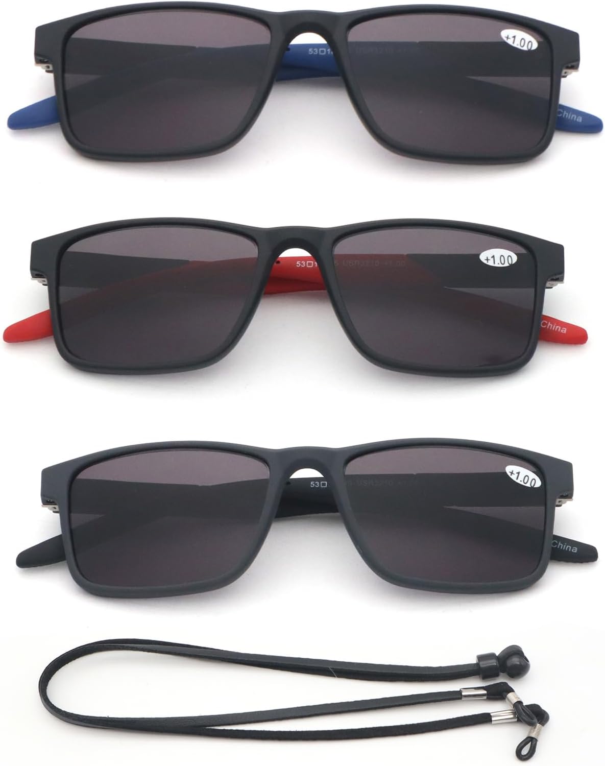 Paquete de 3 lentes de lectura, gafas de sol deportivas con marco cuadrado para lectura al aire libre para mujeres y hombres, +1.50, no bifocales