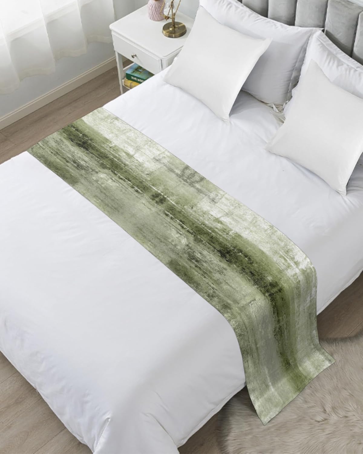Camino de cama para cama tamaño Queen, color verde salvia, manta decorativa para pie de cama, pintura al óleo geométrica moderna, arte abstracto,