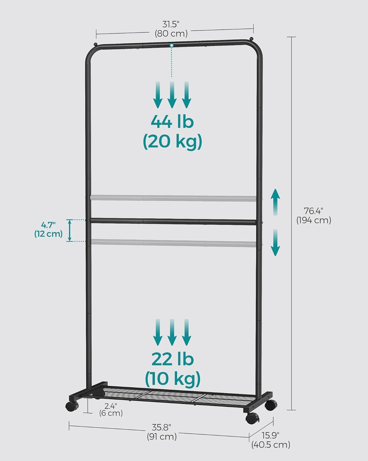 SONGMICS Perchero con ruedas, 35.8 pulgadas de doble barra, perchero para colgar ropa, con estante de almacenamiento de malla densa, capacidad de