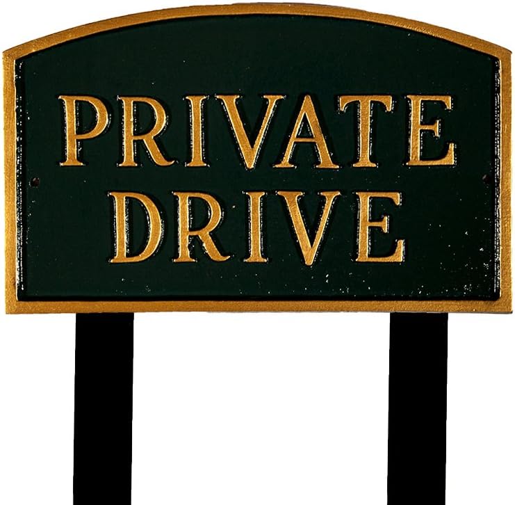 Montague Metal Products SP-12L-HGG-LS – Placa grande de arco de accionamiento privado verde cazador y dorado con 2 estacas de césped de 23 pulgadas