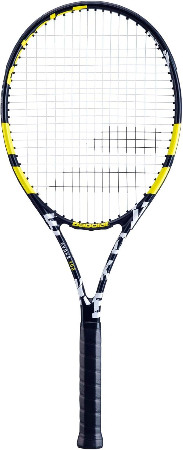 Babolat Evoke 105 – Raqueta de tenis de cuerda, negroamarillo (agarre de 4 14 pulgadas)