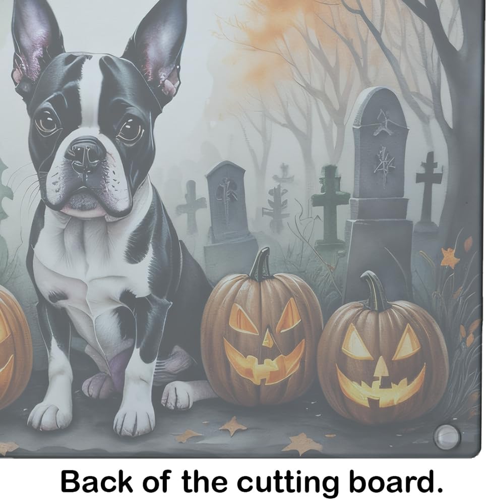 Caroline’s Treasures DAC2022LCB Boston Terrier Spooky Tabla de cortar de vidrio de Halloween Tabla de cortar y servir de vidrio templado decorativa