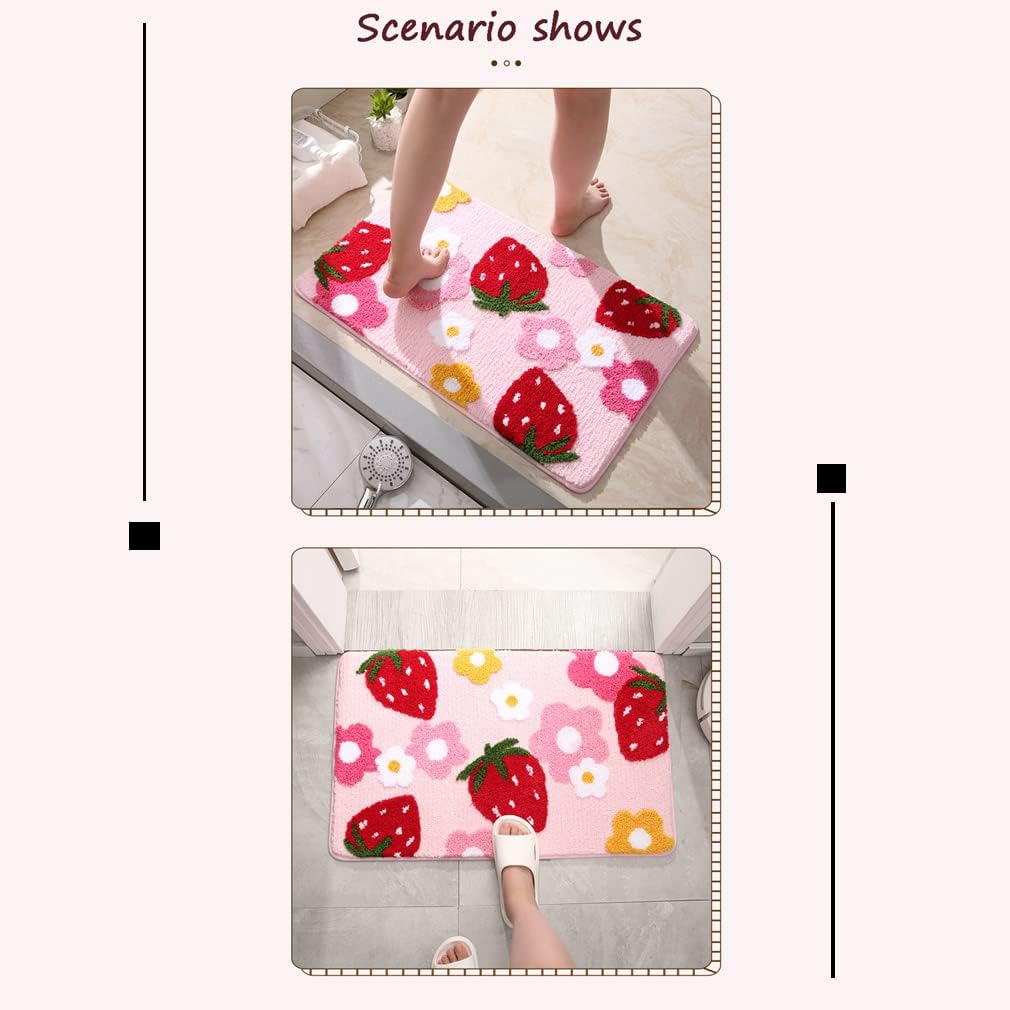 Tapete de baño suave y acogedor con diseño de fresa, antideslizante, lavable, lanudo para dormitorio, tapete absorbente de flores, tapete para