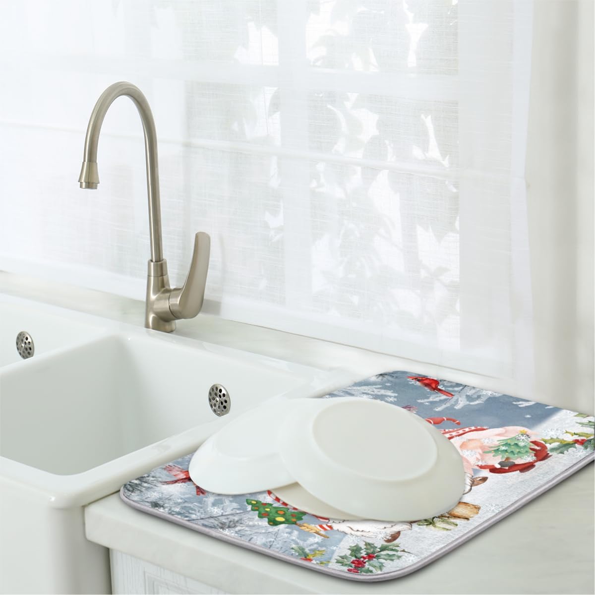 Tapete de secado de platos de Navidad, gnomos de invierno, almohadilla de secado de platos para encimera de cocina, tapete escurridor de platos