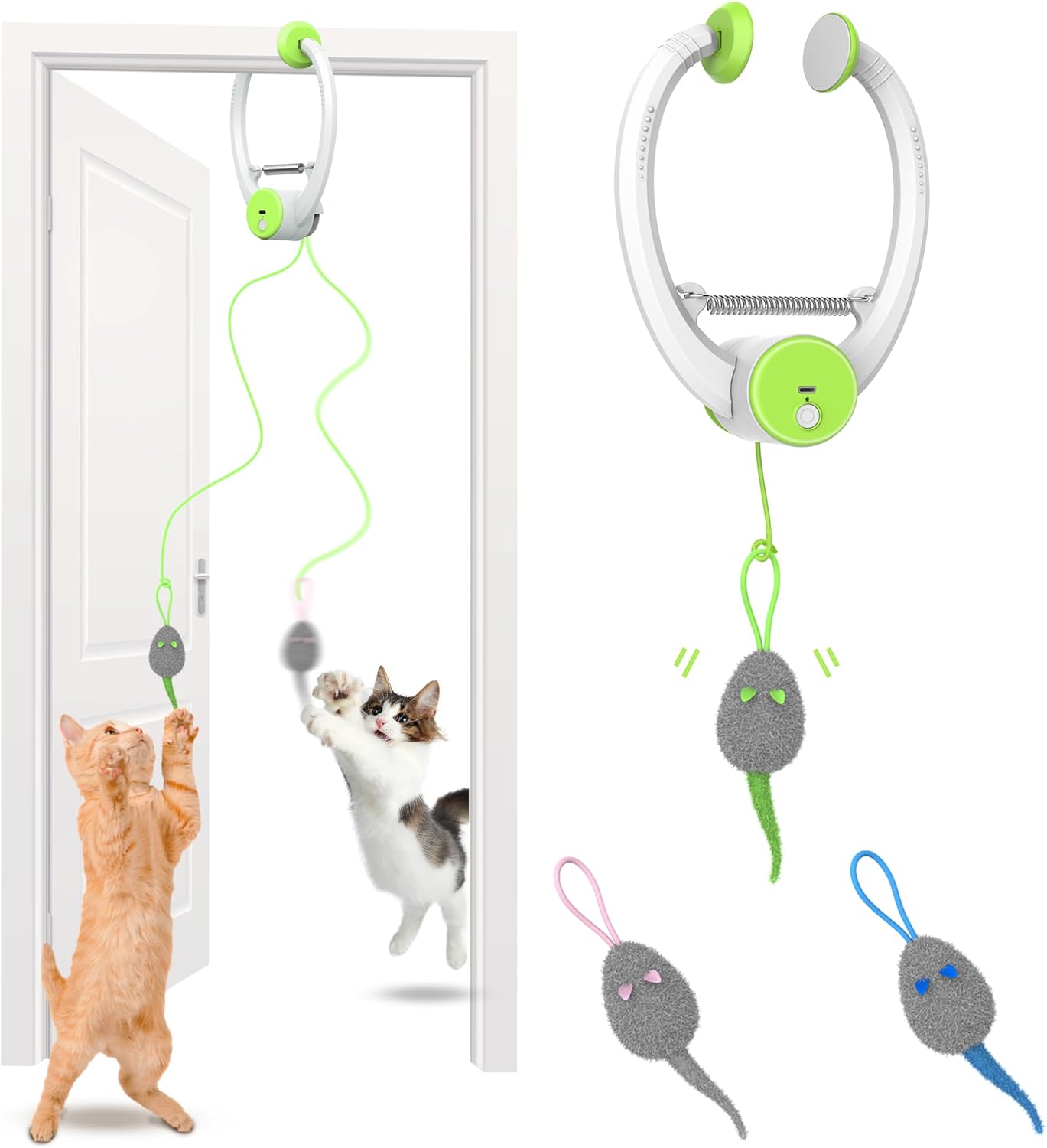 Juguete recargable para gatos activado por movimiento con coloridos ratones rebotantes, cuerda elástica y plumas, para gatos y gatitos de interior