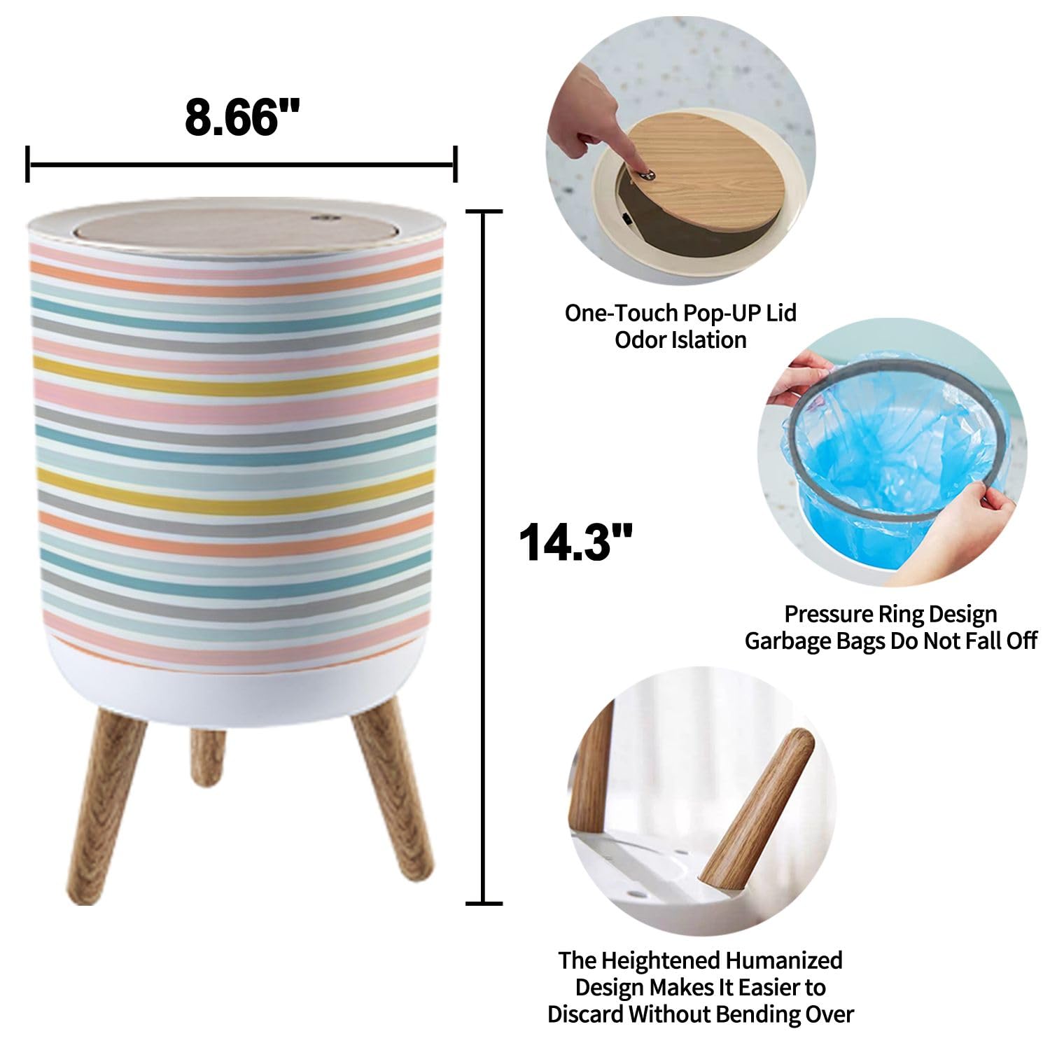 Bote de basura pequeño con tapa para baño, cocina, oficina, pañal, patrón de rayas, patrón de repetición sin costuras, dibujado a mano, orgánico,