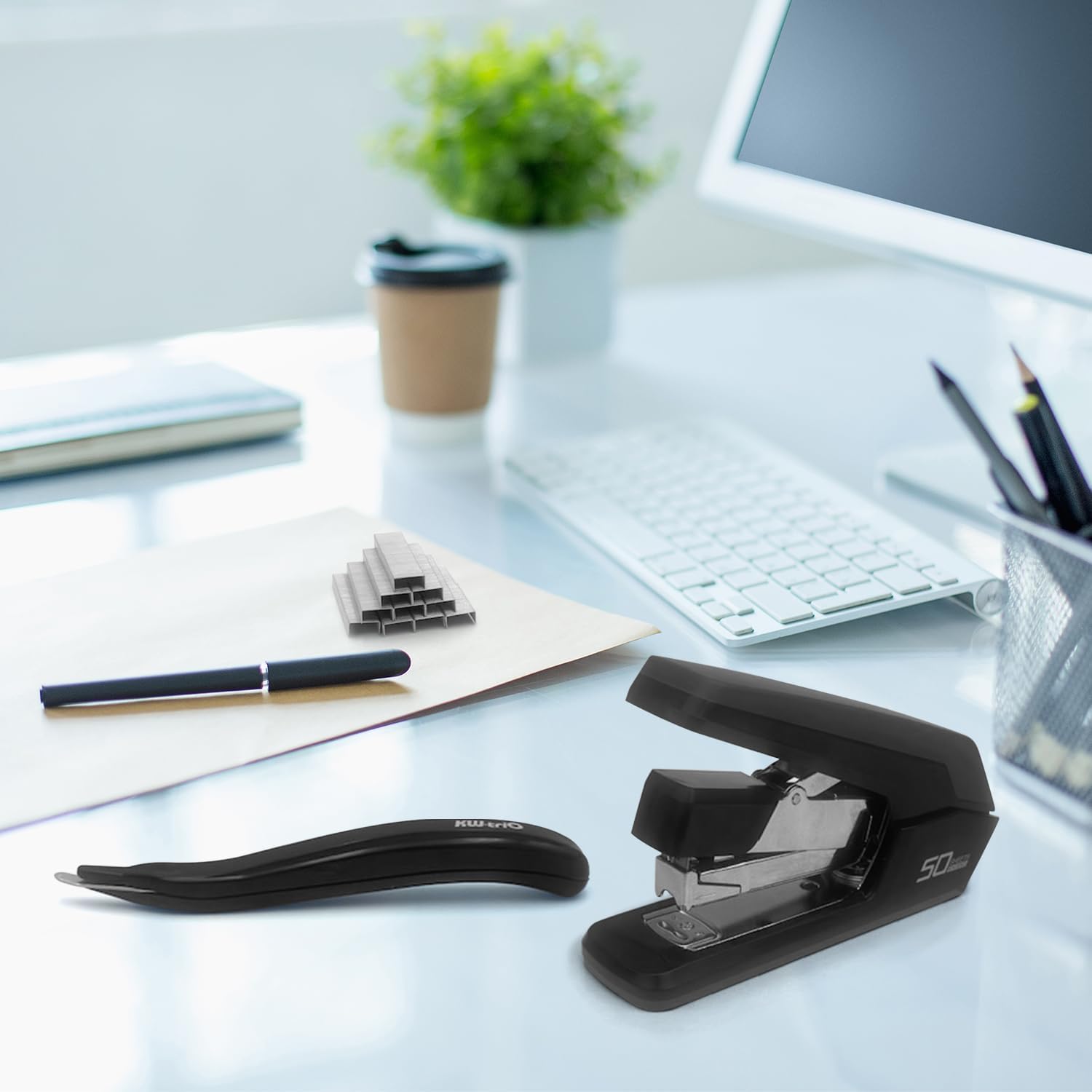 Explish Accesorios de escritorio, suministros de oficina, grapadora de escritorio sin esfuerzo, removedor de grapas, abridor de sobres, una tijeras