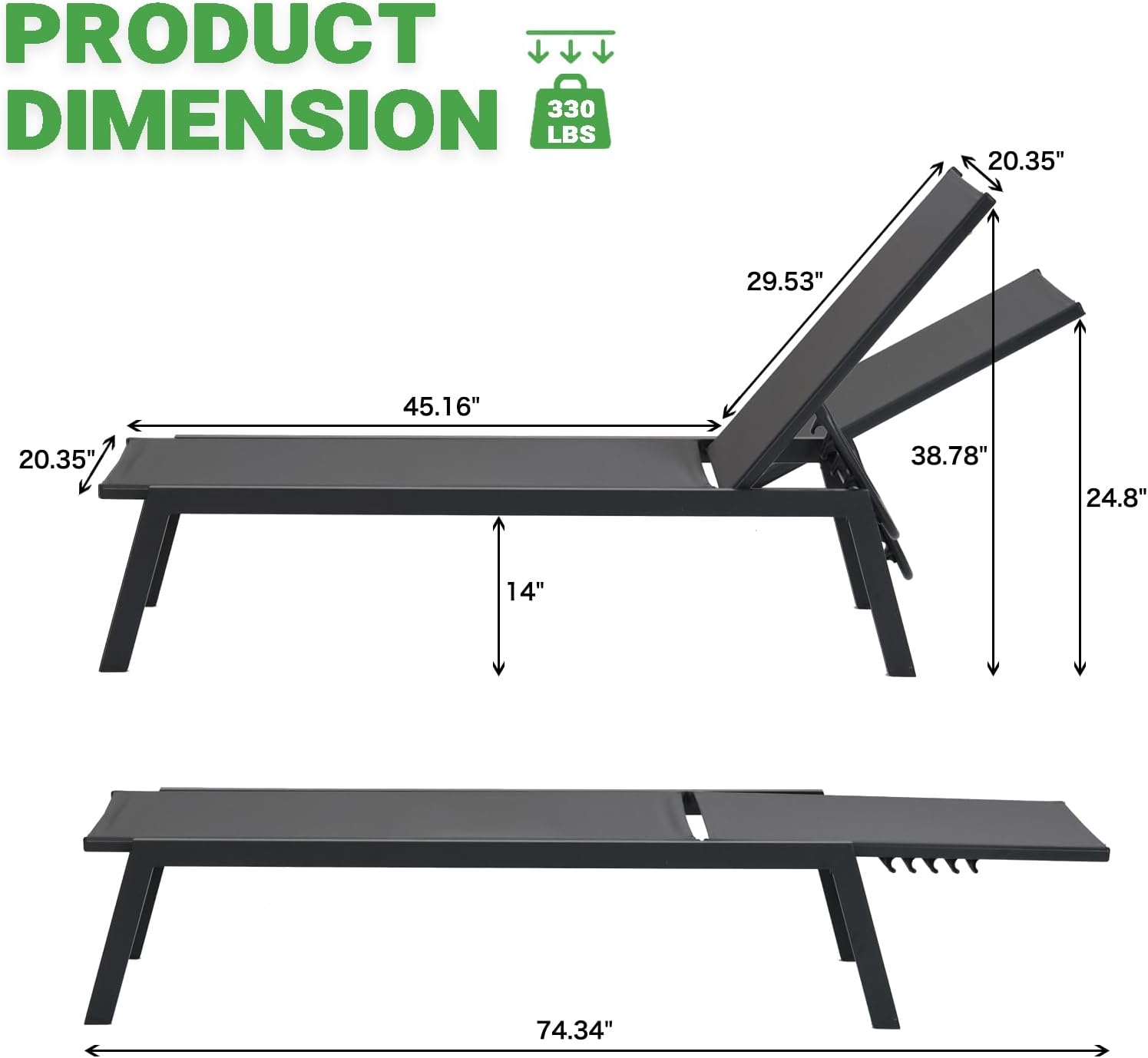 Juego de 2 tumbonas de aluminio para exteriores, sillas reclinables de textileno transpirables para patio, sillón reclinable con 5 respaldos
