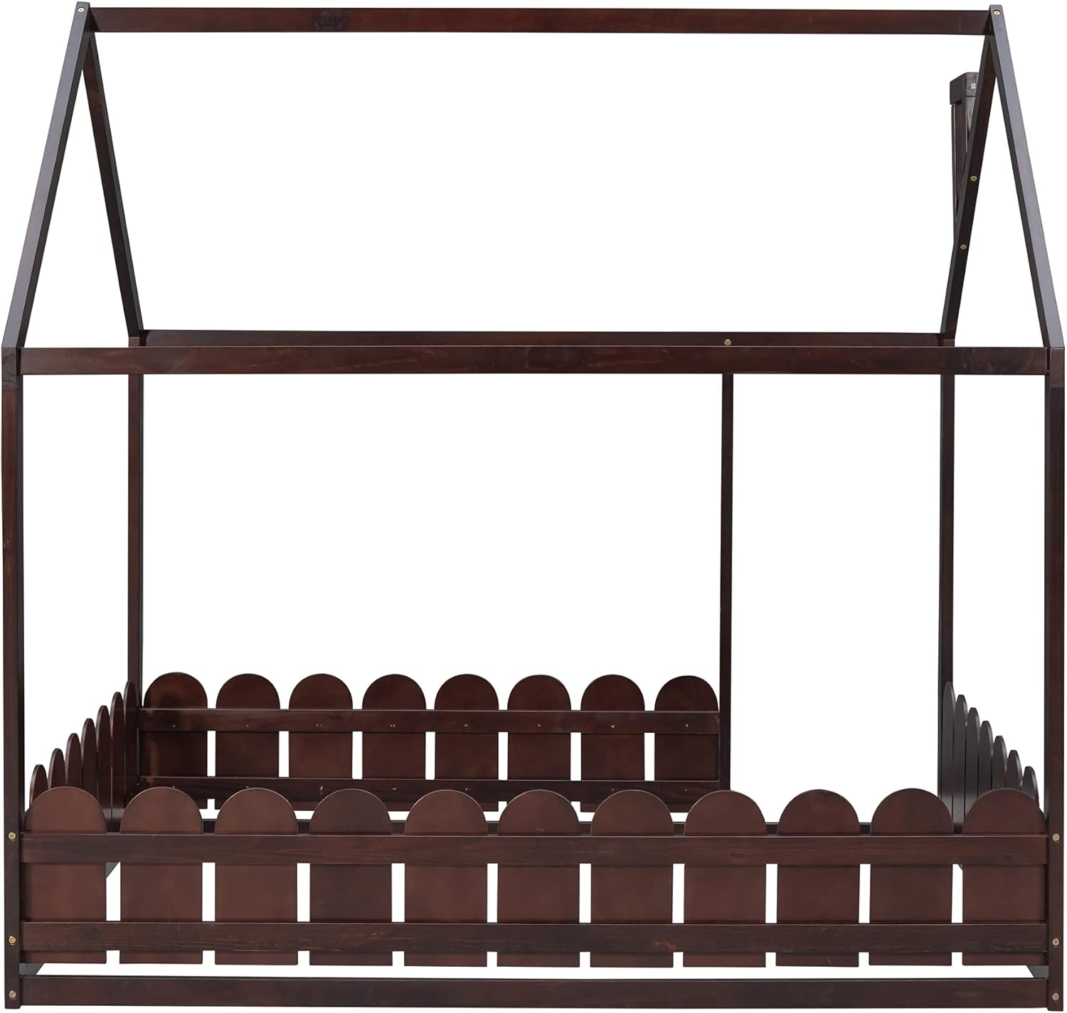 Montessori – Base de cama de tamaño matrimonialcasa, cama de piso para niños, cama de piso Montessori con valla, puerta y chimenea, color espresso