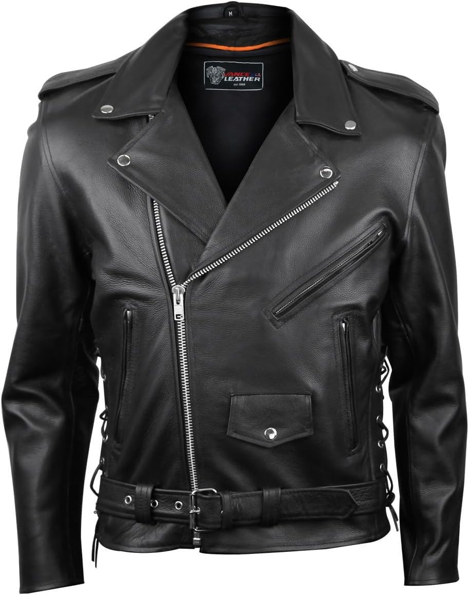 Vance Leather Chaqueta de cuero de vaca para hombre, forro aislante, con cordones laterales, clásico MC, motociclista, chaqueta de cuero negro