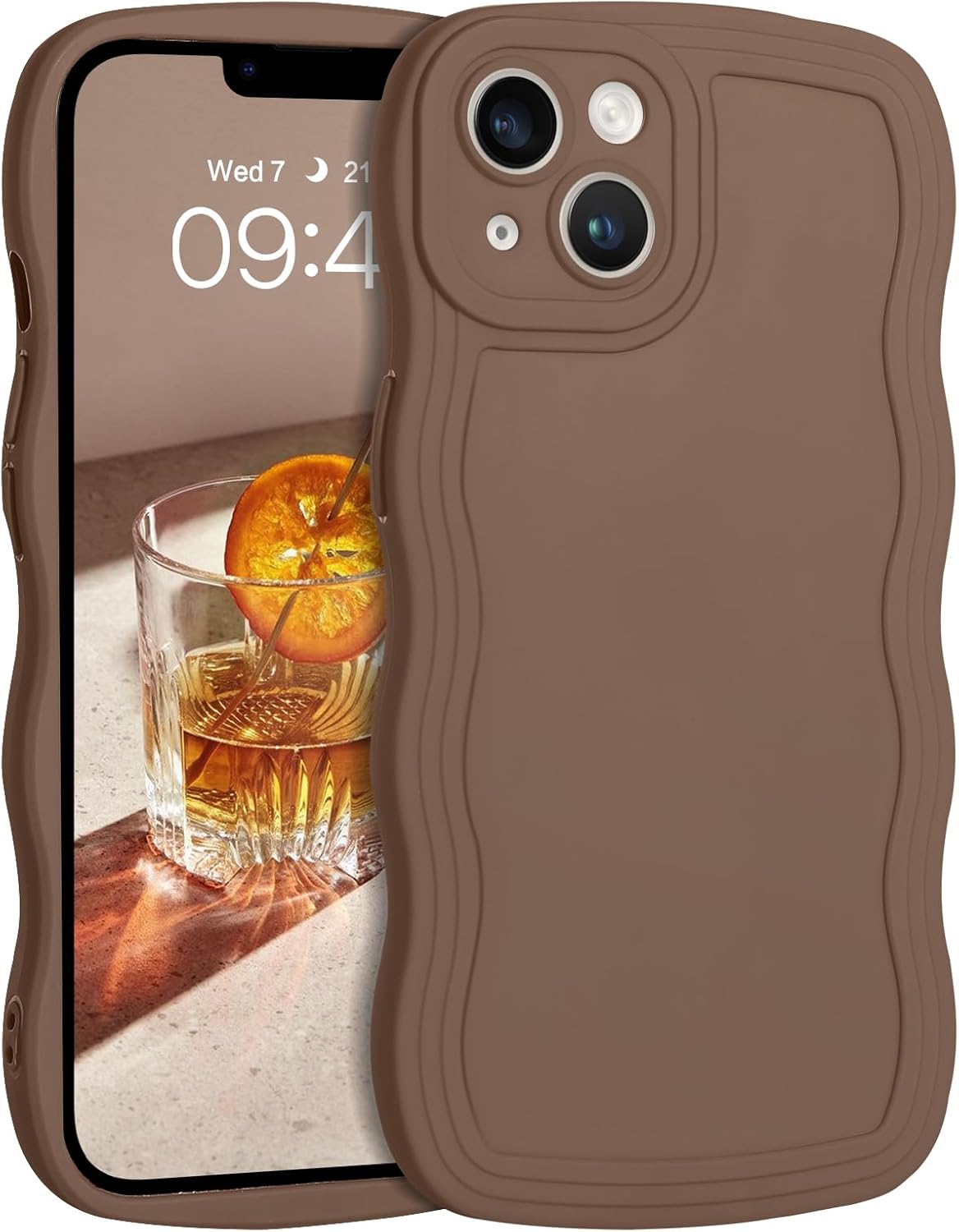 YINLAI Funda diseñada para iPhone 14, funda marrón para teléfono, bonita forma de marco ondulado rizado, para mujeres y niñas, delgada, suave, gel