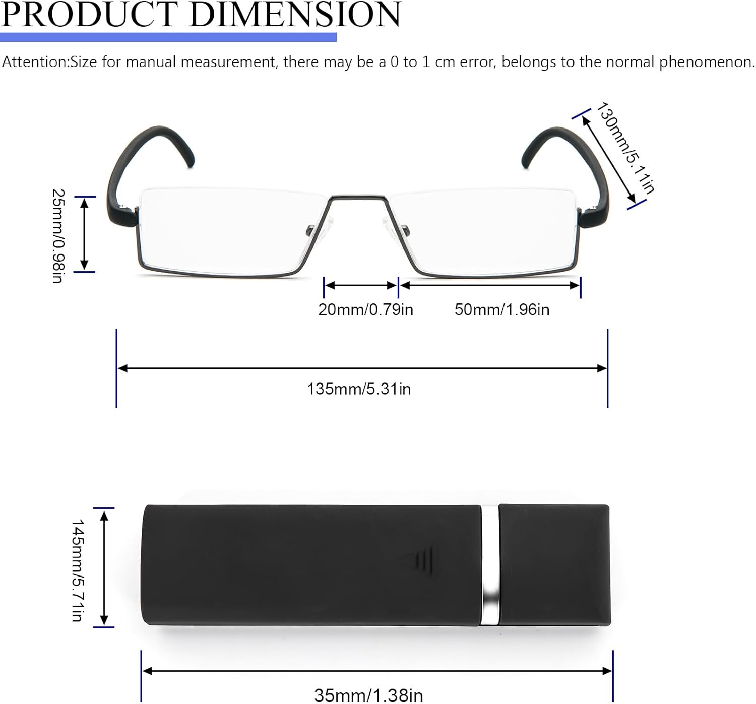 REAVEE Paquete de 2 lentes de lectura de medio marco para hombres y mujeres, media lente de metal, ligeros, portátiles con funda, negro y azul +1.25