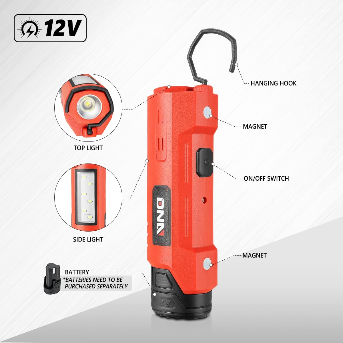 DNA MOTORING TOOLS-00176 Linterna ligera de trabajo inalámbrica de 12 V con gancho para colgar e imanes para exteriores, camping, reparación de
