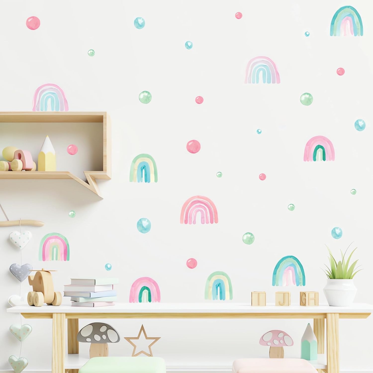 sacinora – 7 hojas de 84 calcomanías de pared de lunares arcoíris coloridos, calcomanías de pared de arte circular, vinilo extraíble para niños,