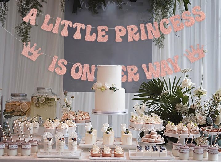 Cartel con texto en inglés “A Little Princess is on her Way”, decoraciones de princesa para baby shower, corona de revelación de género, suministros