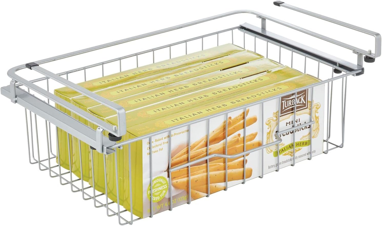 mDesign Cesta grande de alambre de metal para colgar en cajón, organizador de almacenamiento deslizante debajo del estante, se fija a la estantería,