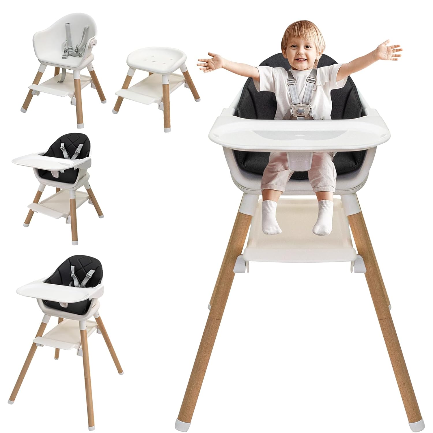 Silla alta de madera 6 en 1, sillas altas para bebés y niños pequeños, sillas altas para bebé con patas ajustables y bandeja apta para lavavajillas,