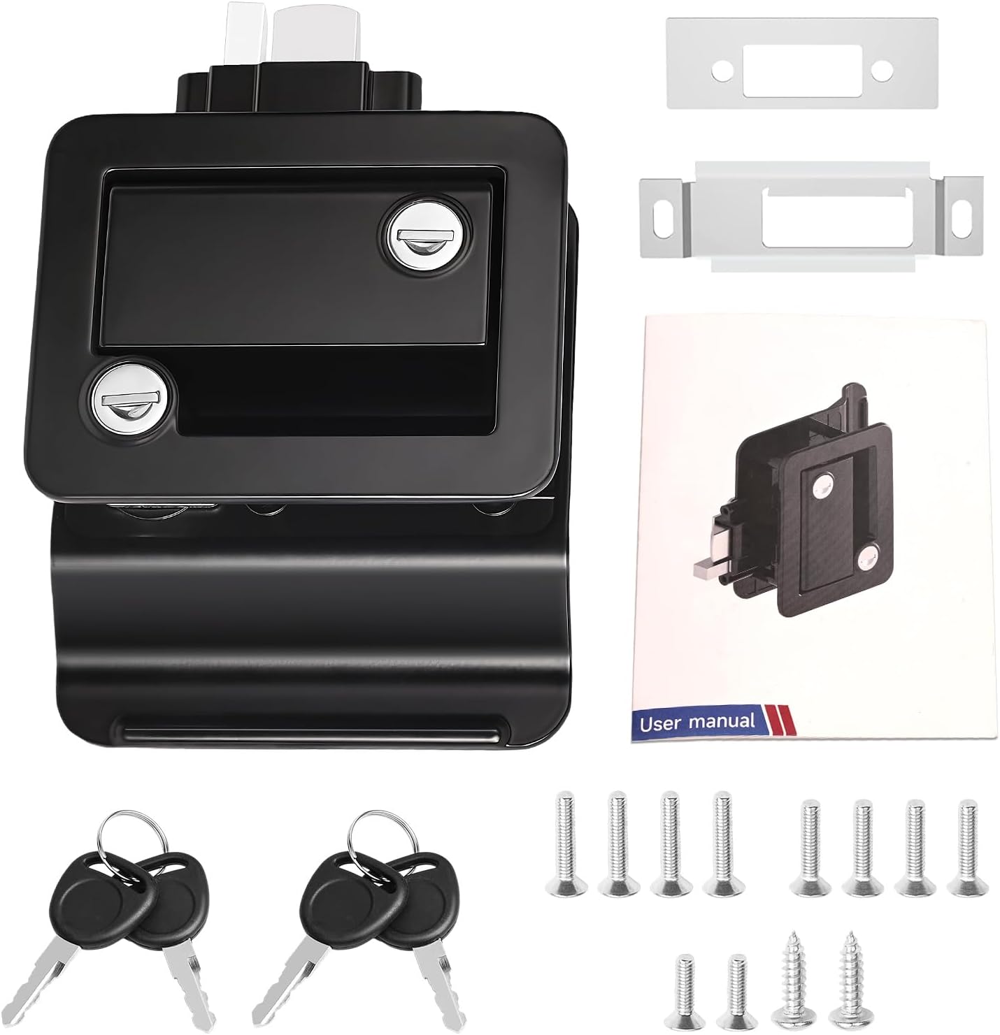 Cerradura de puerta de entrada de remolque de viaje RV con cerrojo de paleta, cerradura de llave, negro, pestillo de puerta 100% metal para cámper