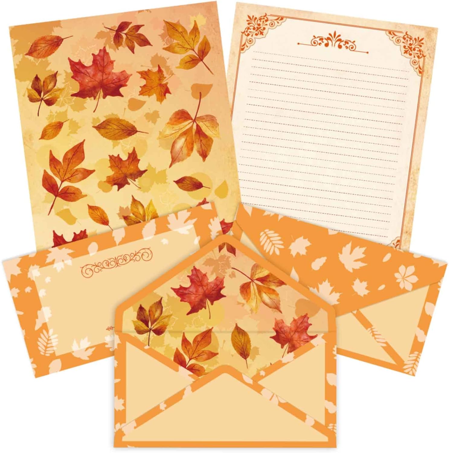 AnyDesign 48 piezas de papel de papelería de otoño con hojas de otoño y 24 piezas de sobres autosellantes, papel impreso en acuarela de Acción de
