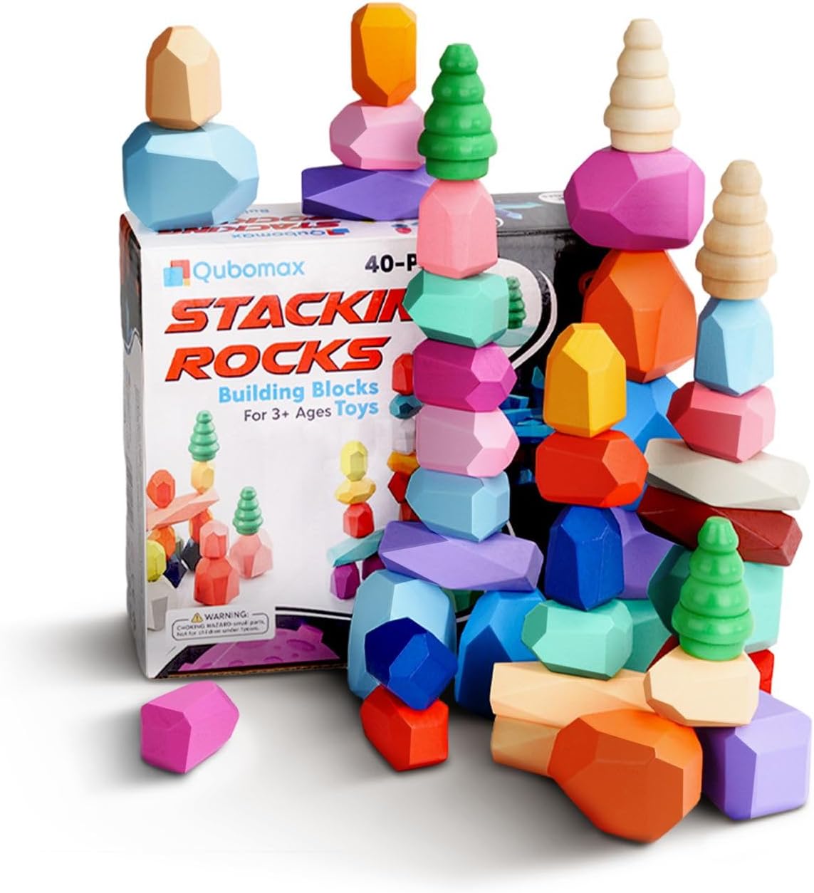 Qubomax 40 piezas de juguetes apilables de madera  Bloques de construcción Montessori para niños a partir de 3 años  Juego de aprendizaje preescolar
