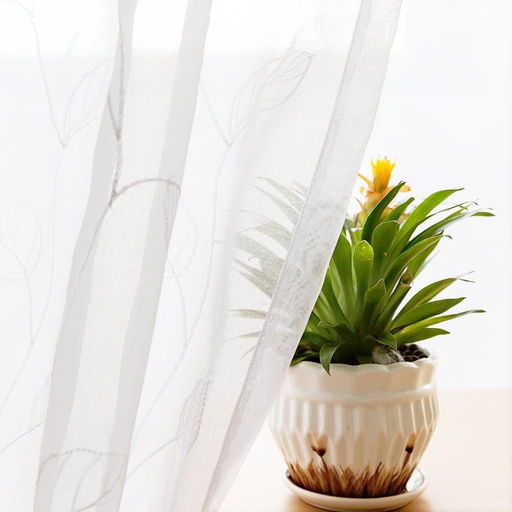 Topick Cortinas transparentes con diseño bordado de hojas, bolsillo para barra, cortinas para ventana de cocina, 2 paneles de 24 pulgadas, color