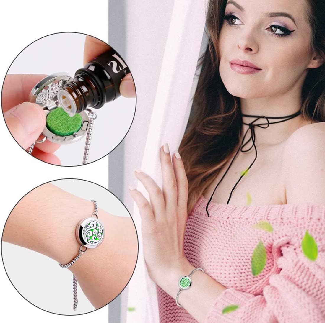 2 pulseras difusoras de aceites esenciales, medallón difusor de aromaterapia de diamante, pulsera ajustable con 20 almohadillas de repuesto