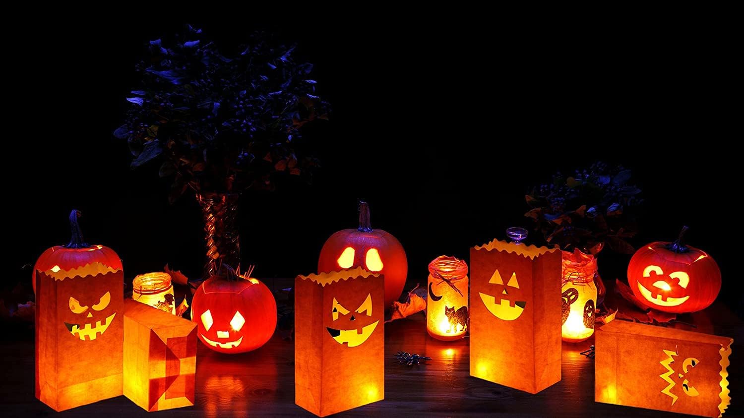 50 bolsas luminarias de Halloween, bolsas para velas resistentes al fuego, portavelas de té Jack-o’-Lantern para decoraciones de fiesta de Halloween