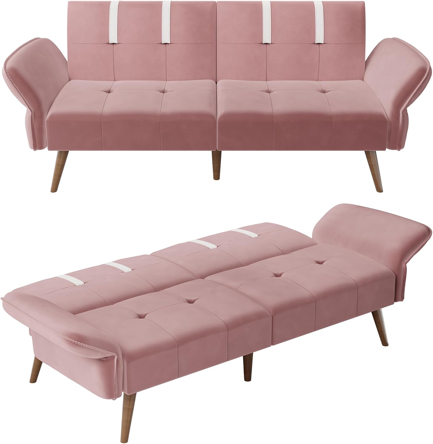 JAMFLY Sofá cama futón de terciopelo de 69 pulgadas, sofá cama convertible con reposabrazos y respaldo ajustables, moderno sofá biplaza para sala de