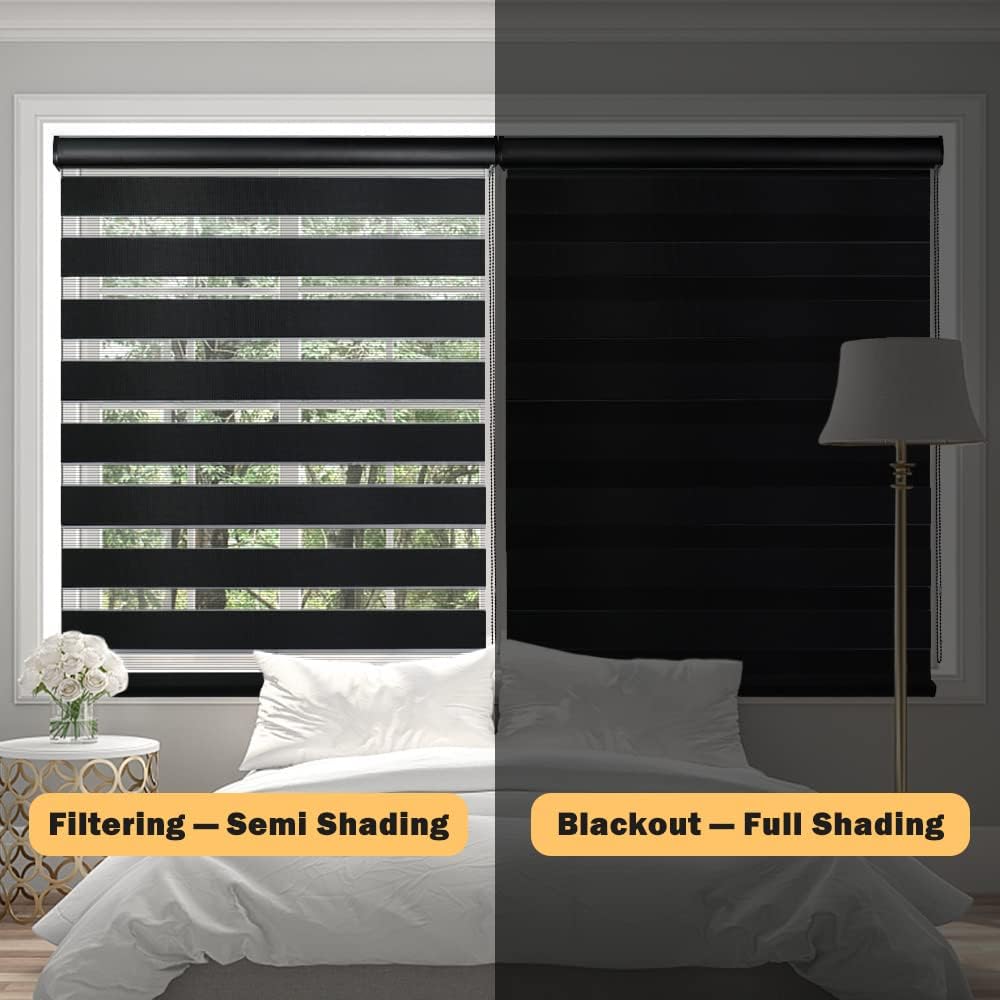 Kokorona Zebra – Persianas enrollables para ventanas, de doble capa con cenefa, color negro, 38 pulgadas de ancho x 72 pulgadas de alto