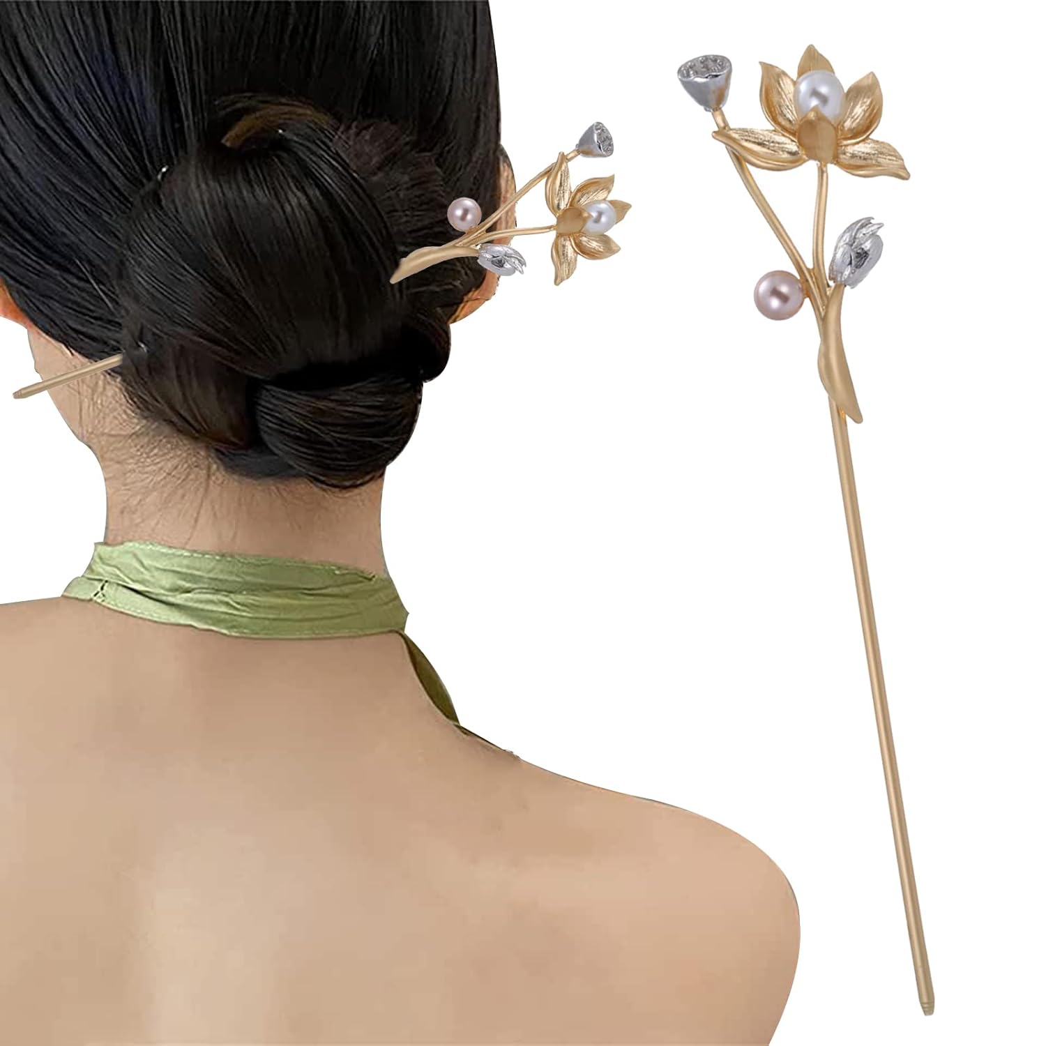 Palillos dorados para el cabello para mujer, palillos de pelo para cabello largo, elegante decoración de loto, ideales para impresionantes updos y