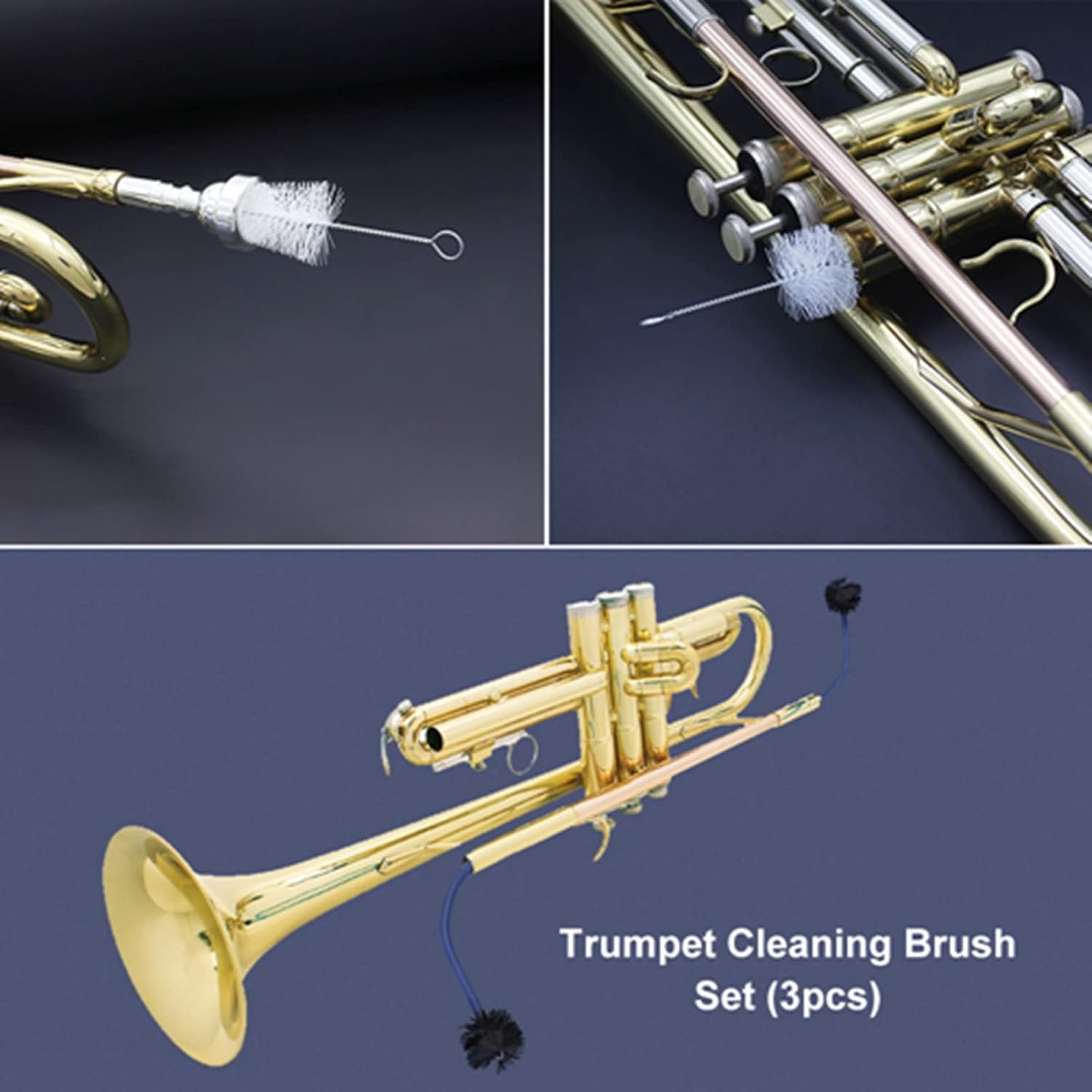 Kit de cuidado de limpieza de trompeta, juego de 3 cepillos de limpieza de trompeta, boquilla de trompeta, cepillo de válvula y cepillo flexible,