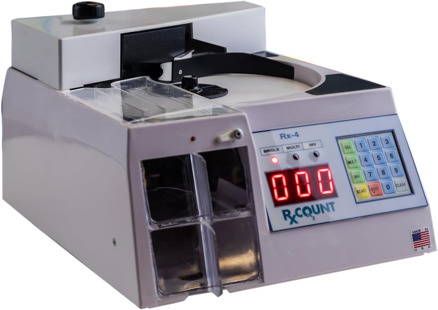 Rx-4 Máquina automática de conteo de píldoras – Contador farmacéutico de mesa digital compacto para farmacias, médicos y veterinarios.