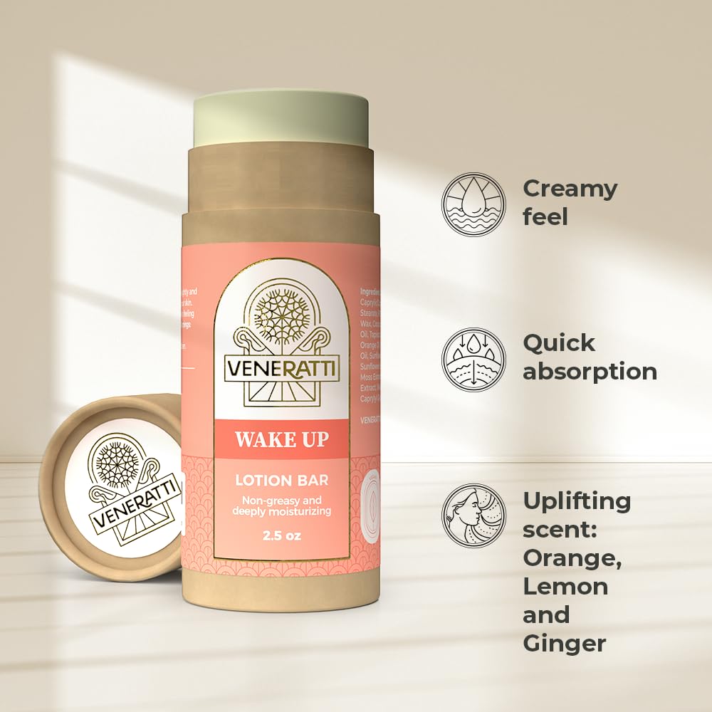 VENERATTI Lotion Bar Wake Up Scent – Vegana, fabricada en los Estados Unidos, productos ecológicos – Absorción rápida, no pegajosa – Ingredientes