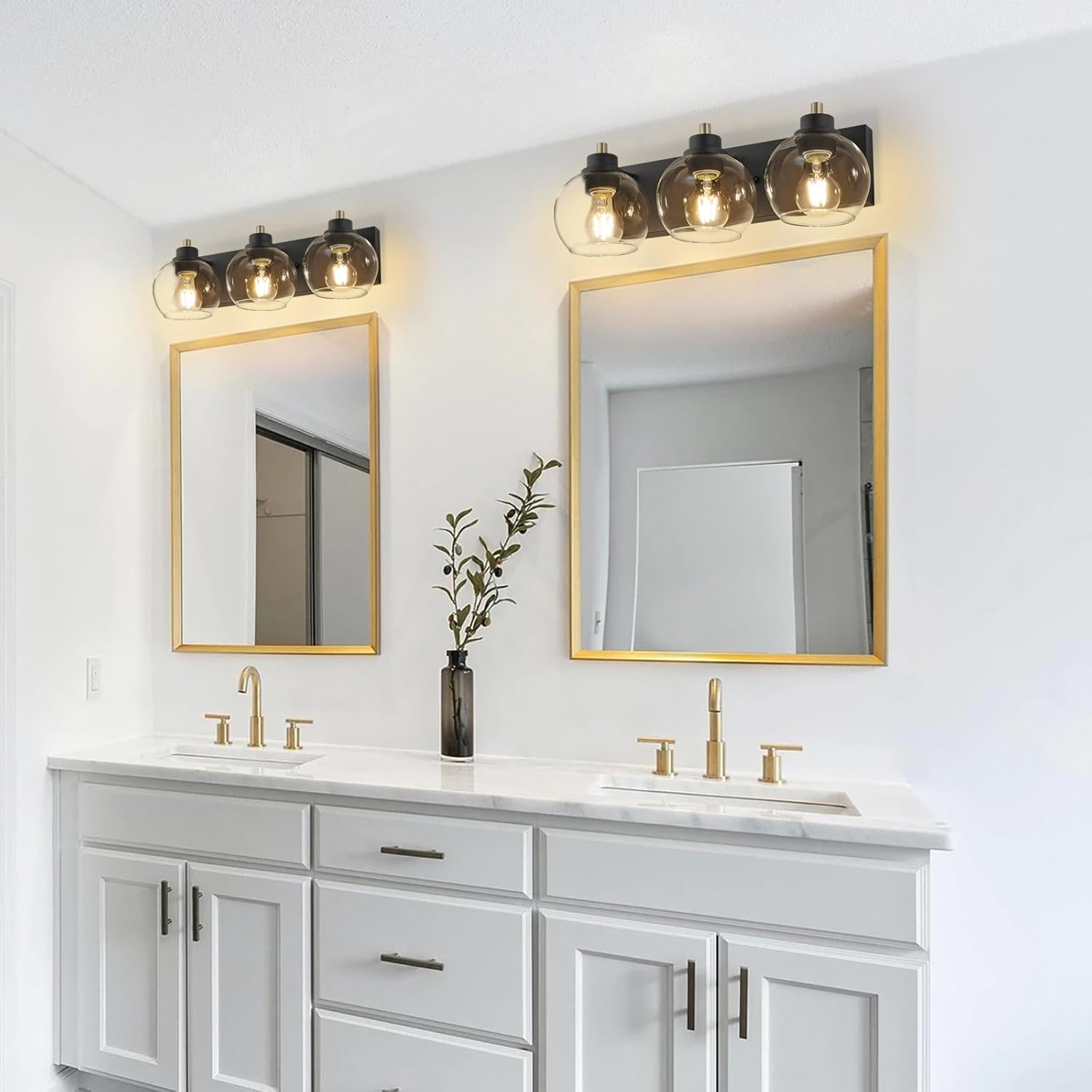 Lámpara de tocador de baño de 3 luces, lámparas de baño negras y doradas, lámpara de tocador moderna con pantalla de vidrio transparente, aplique de