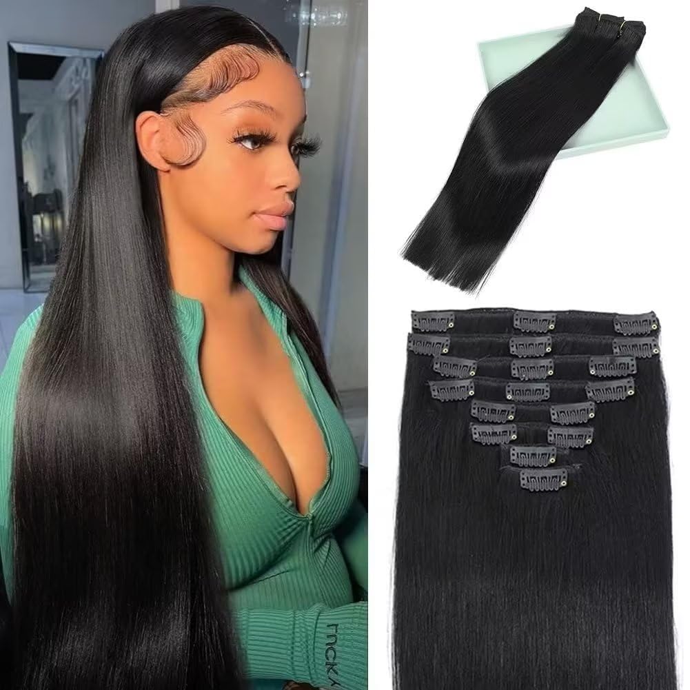 Extensiones de cabello humano real liso con clip, 100% cabello virgen brasileño sin procesar, extensiones de cabello con clip de doble trama para