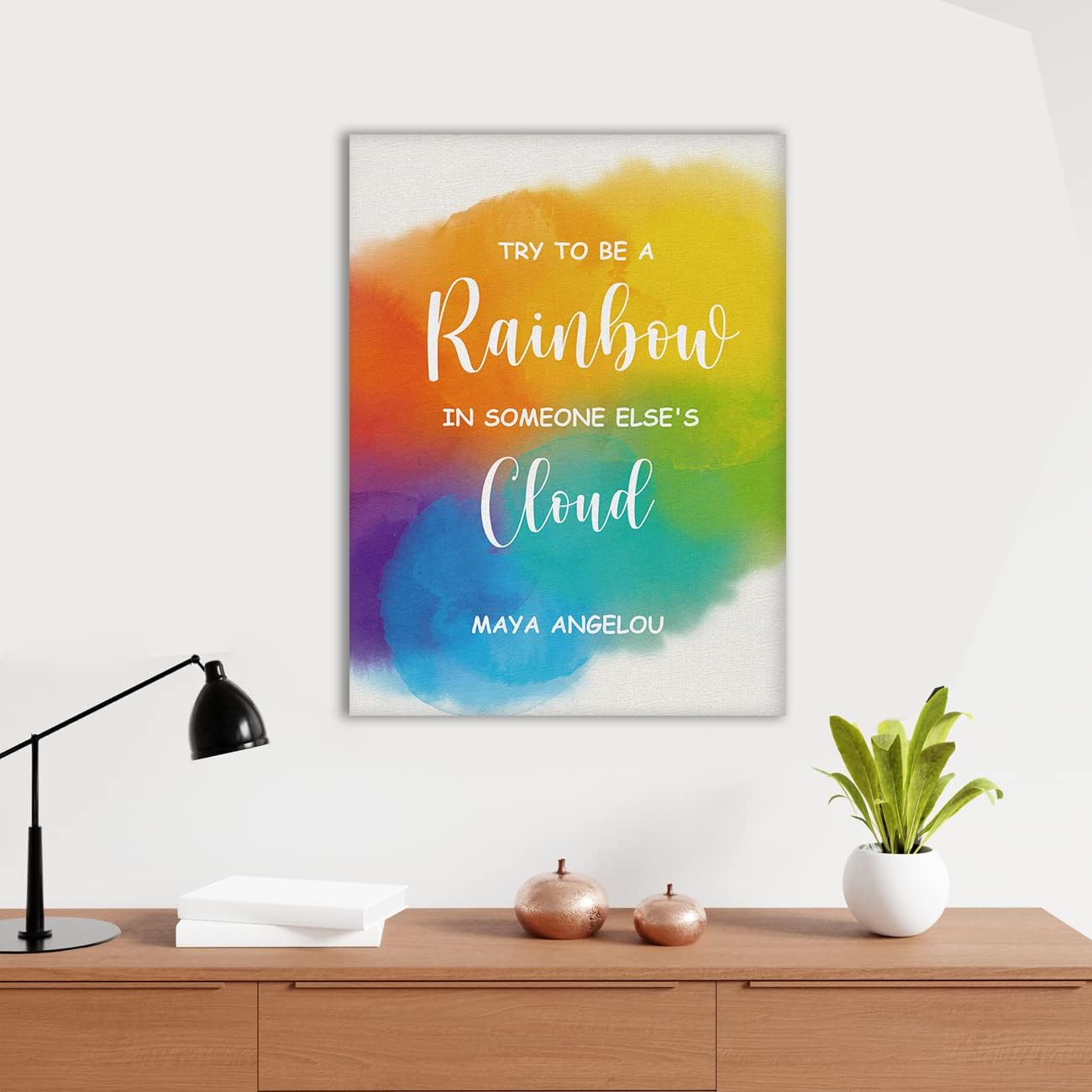 Lienzo con frase “Be a Rainbow in Someone Else’s Cloud” (Be a Rainbow in Someone Else’s Cloud) con cita de nube, arte de pared inspirador positivo