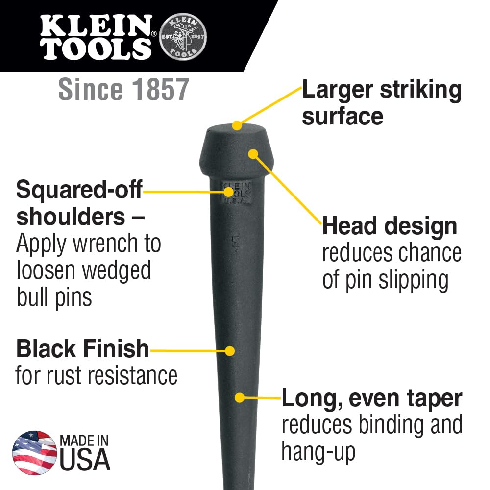 Klein Tools 3256 Pin de toro de cabeza ancha hecho de acero forjado, fabricado en EE. UU., acero con acabado negro, 1-116 pulgadas