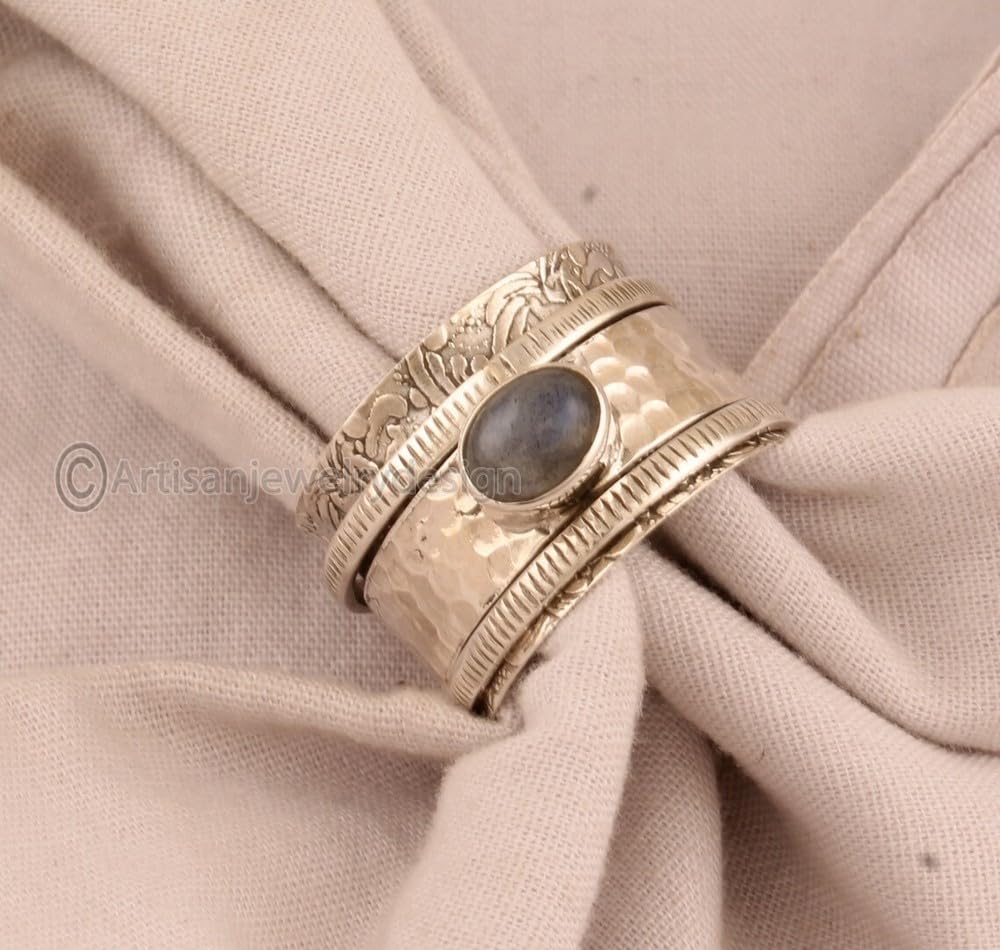 Natural Labradorite Ring, 925 Silver Ring, Handmade Spinner Ring, Spinner Band Ring Women, Antique Silver Ring, Statement Silver Ring, Blue Gemstone