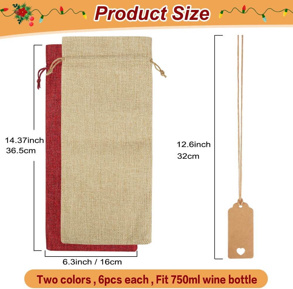 Shintop 12 bolsas de vino de arpillera, bolsas de regalo de vino de Navidad, bolsas reutilizables para botellas de vino con cordón para Navidad,