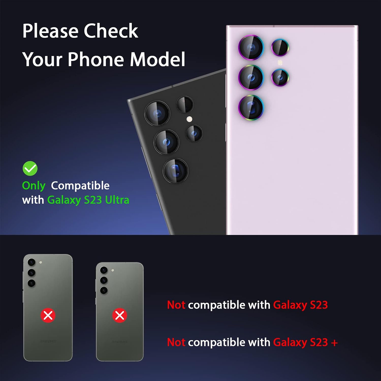 Paquete de 2 protectores de lente de cámara para Samsung Galaxy S23 Ultra, 9H, vidrio templado, accesorios de anillo individual, paquete de 2