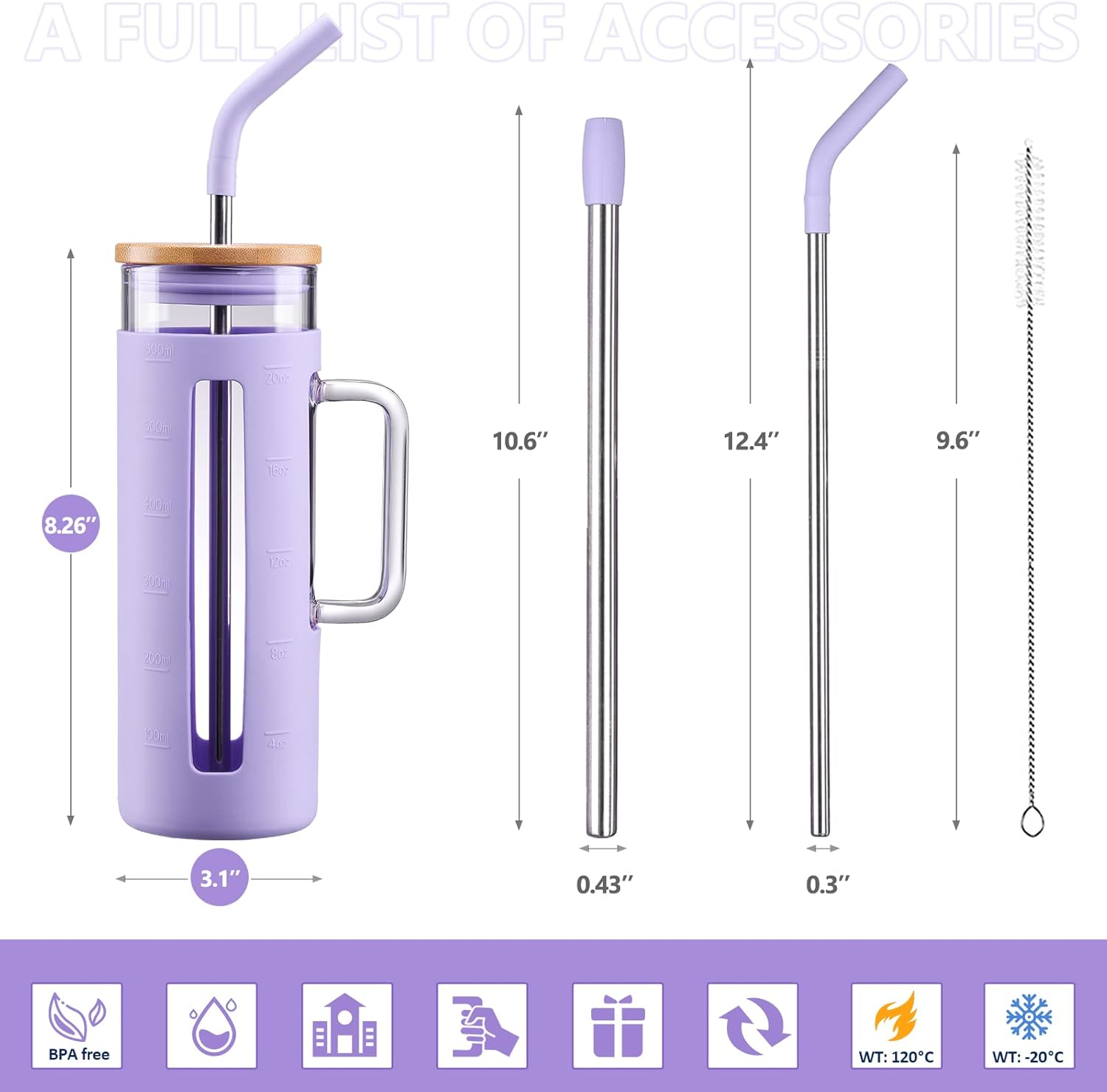Kodrine Vaso con tapa y pajilla, vaso de café de vidrio de 20 onzas con asa, taza para batidos con tapa de bambú, marcador de tiempo, funda