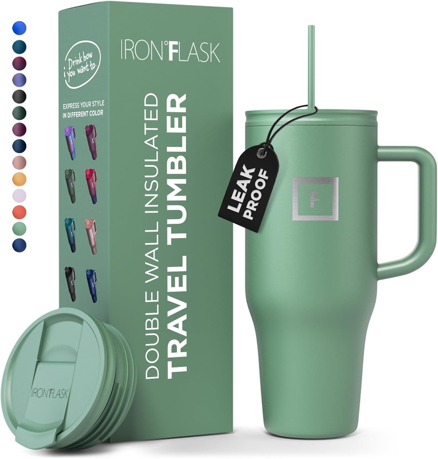 IRON FLASK Co-Pilot – Vaso aislado con popote y tapas abatibles, botella portavasos, para bebidas calientes y frías, a prueba de fugas, agua, taza