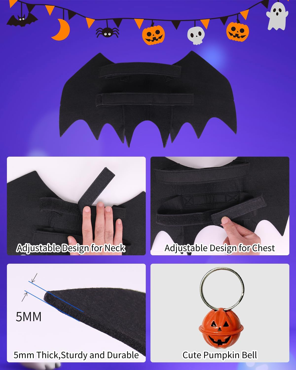 Disfraz de Halloween para perro pequeño, alas de murciélago de perro con campana de calabaza para mascotas, disfraz de fiesta de cosplay de