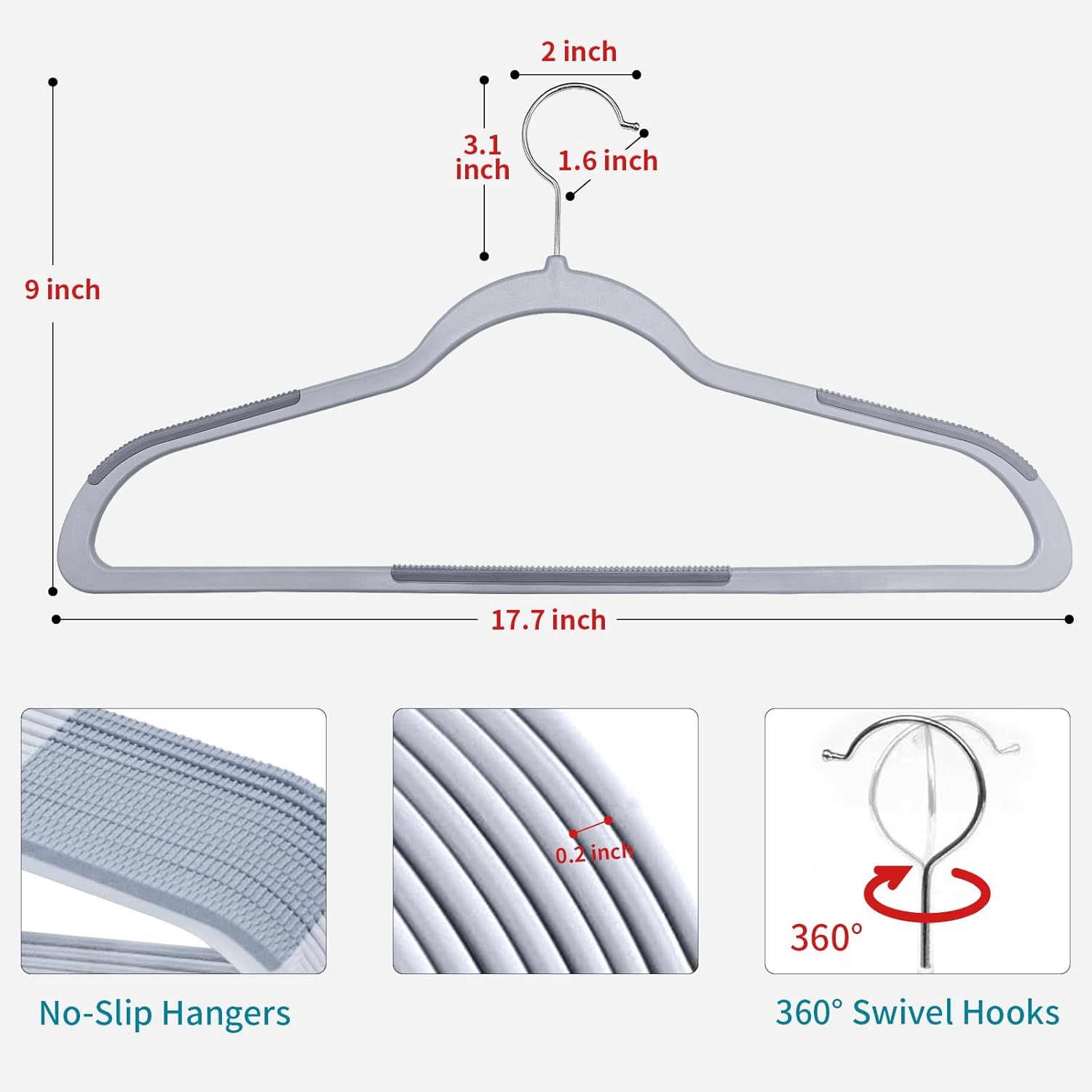 UAPY0130G – Paquete de 30 perchas para ropa, perchas de plástico antideslizante, gancho giratorio de 360, ahorro de espacio, 0.2 pulgadas de grosor,
