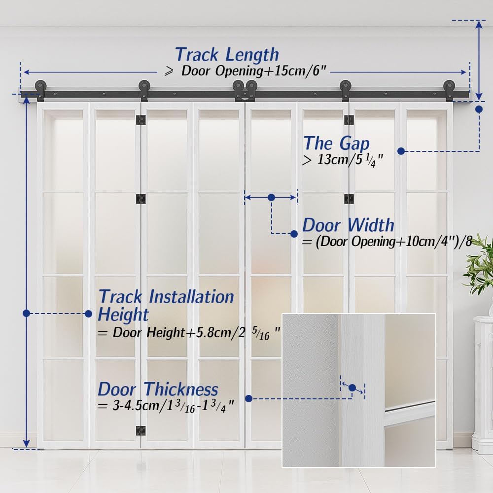 AONAYIOA Kit de riel de puerta corrediza de granero plegable de 6 pies72 pulgadas para interior de 8 puertas, resistente (puerta no incluida, solo
