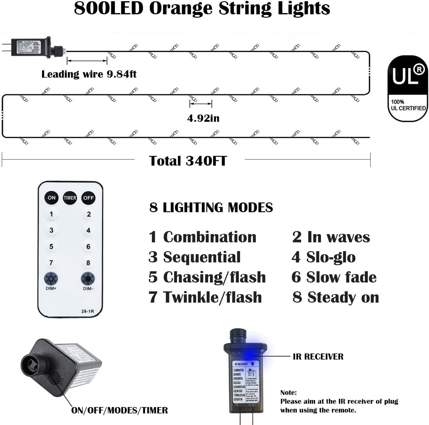 Luces de Navidad para exteriores, 800 luces LED de 330 pies, color blanco cálido, 8 modos de enchufe, decoración impermeable, luces parpadeantes